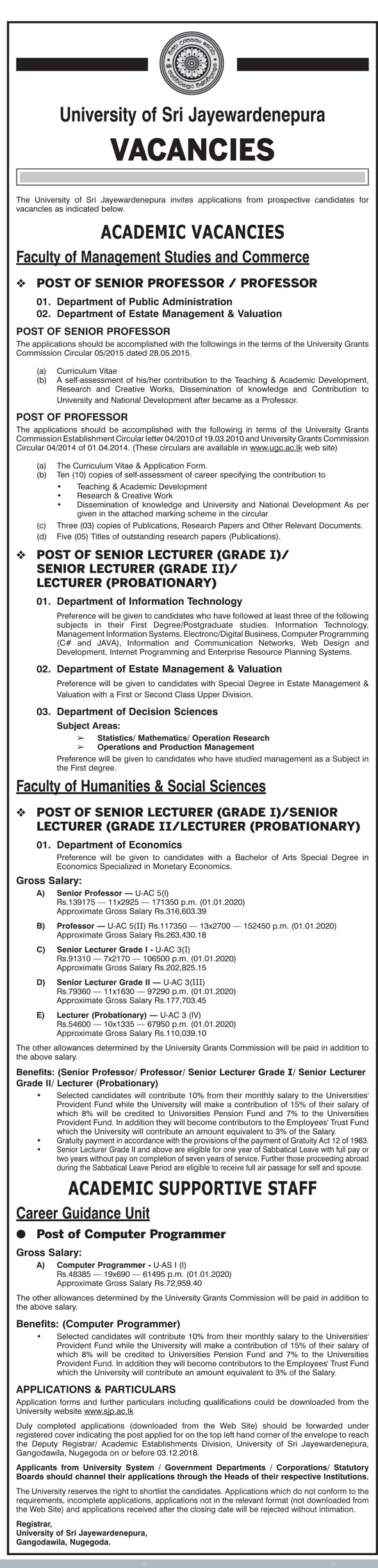 Senior Professor, Professor, Senior Lecturer, Lecturer, Computer Programmer - University of Sri Jayewardenepura